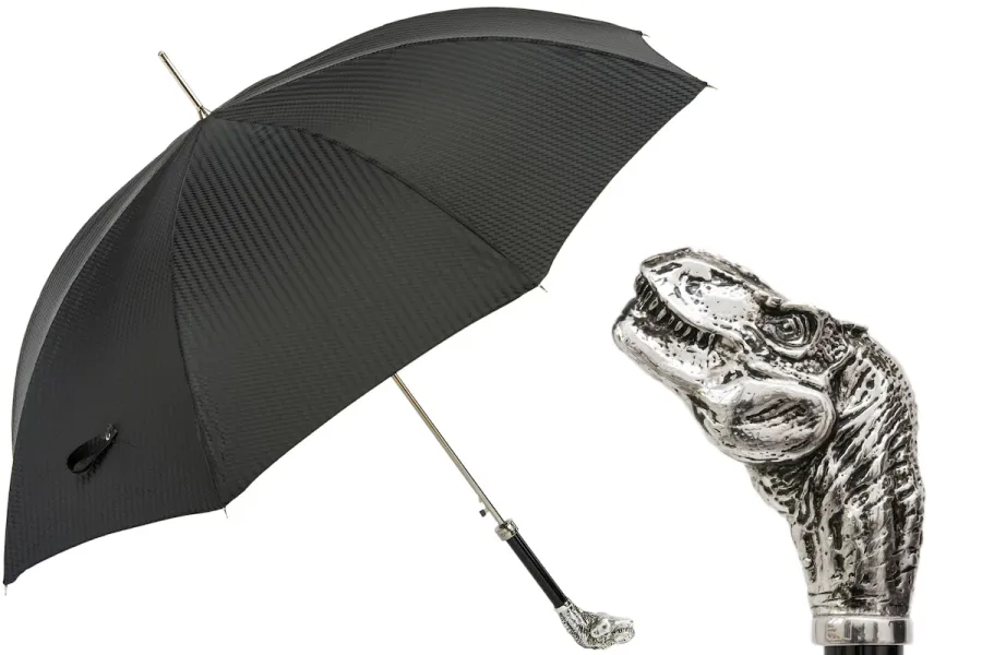 obrazek 1 Luksusowy czarny parasol męski w paski z rączką w kształcie głowy dinozaura – Pasotti