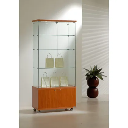 Picture Stylish display cabinet made of tempered glass with three shelves and a cabinet