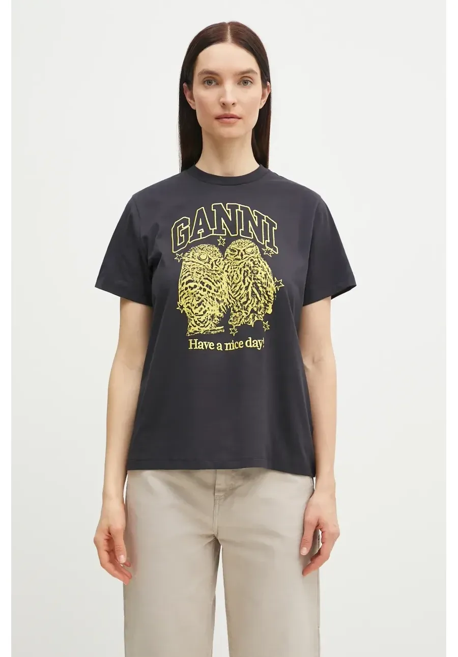 obrazek 1 GANNI t-shirt bawełniany Basic Jersey Owls Relaxed damski kolor szary T4059