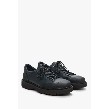 Zdjęcie Estro: Ciemnoniebieskie półbuty męskie ze skóry naturalnej z elastyczną podeszwą