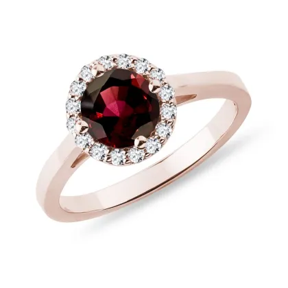 Zdjęcie Pierścionek z różowego złota w stylu halo z granatem i brylantami KLENOTA