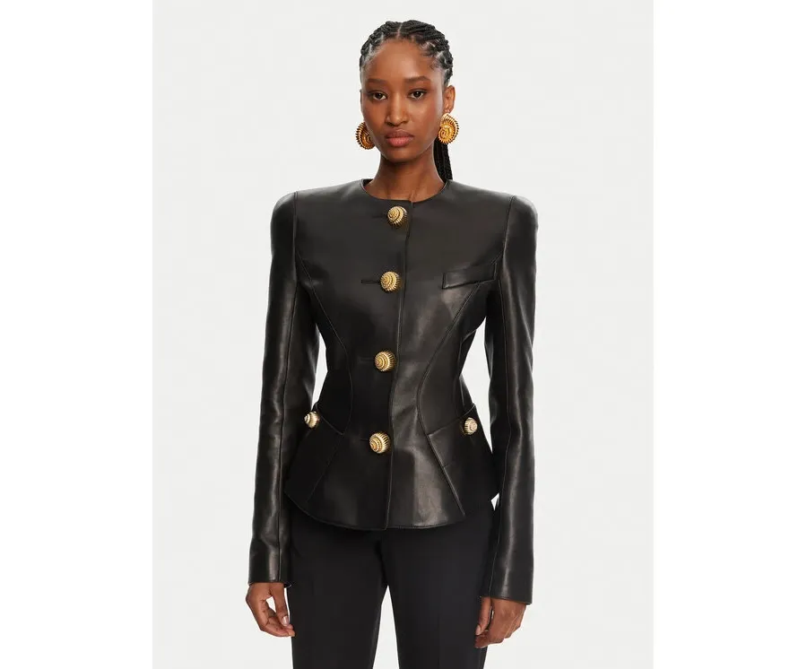 obrazek 1 Balmain Kurtka skórzana DF0SK690LC62 Czarny Regular Fit