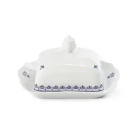 Zdjęcie Oryginalna kwadratowa maselniczka z porcelany z subtelnym niebieskim zdobieniem – Leander