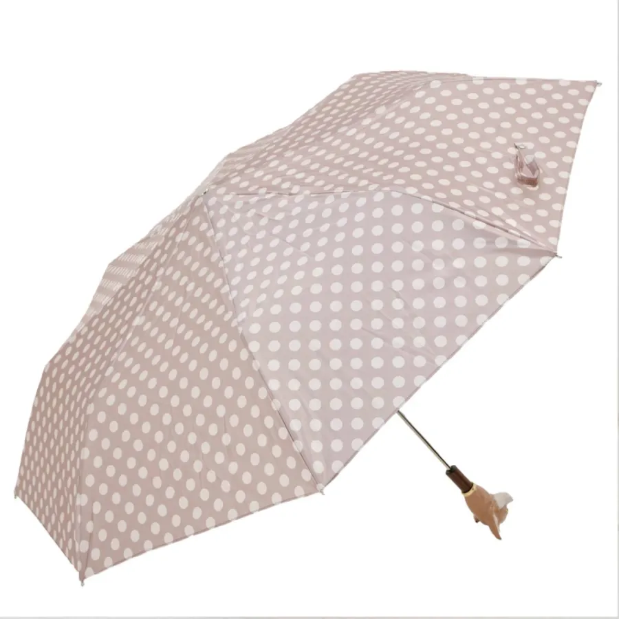 obrazek 6 Wyjątkowy jasnobrązowy parasol damski w białe kropki z rączką w kształcie głowy psa - Pasotti
