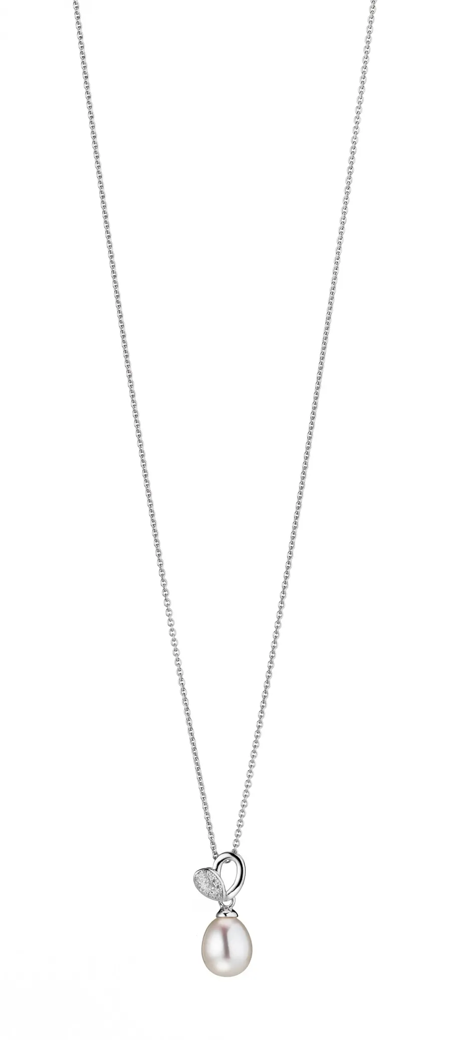 obrazek 1 Stylowy naszyjnik z białą perłą słodkowodną z elementem w kształcie serca zdobionym cyrkoniami wykonany ze srebra