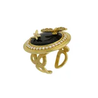 Picture Elegant Ring I8K Gold Plated Silver White Cubic Zirconias Black Enamel