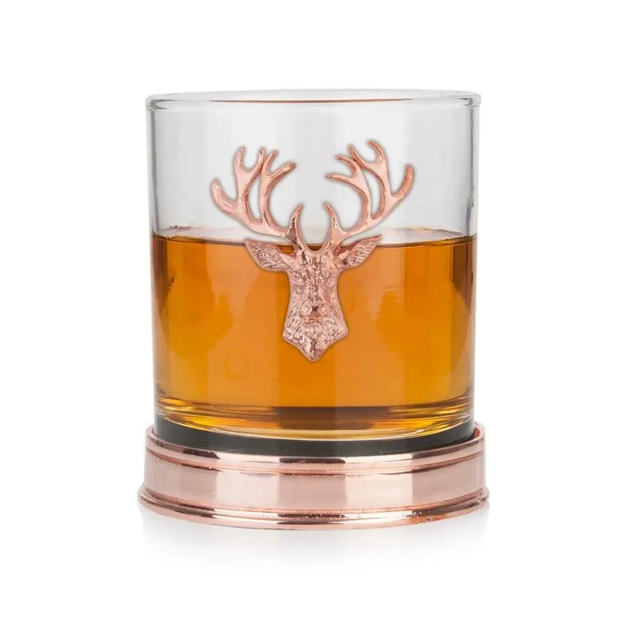 obrazek 1 Wyjątkowy prezent - szklanka do whisky z głową jelenia i polerowaną podstawą w kolorze miedzianym