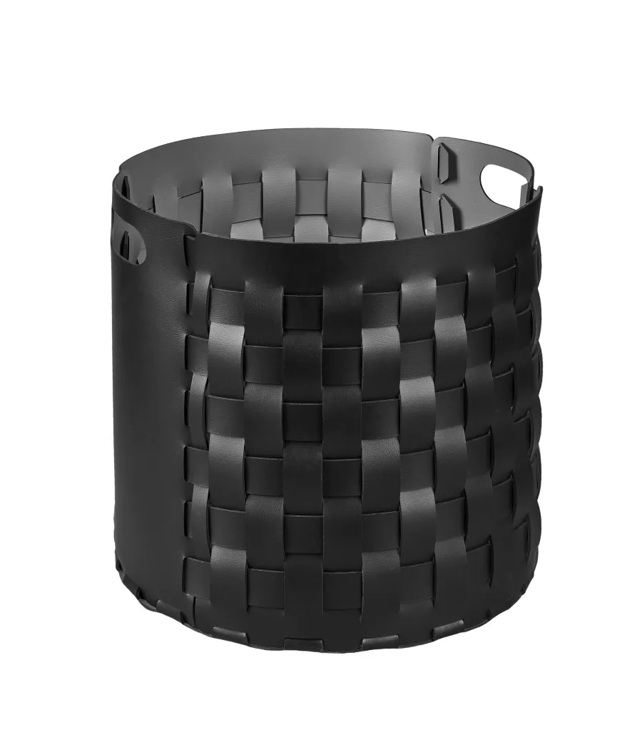 obrazek 1 Pleciony kosz Bottega Ø40xH40 cm wykonany z czarnej naturalnej skóry