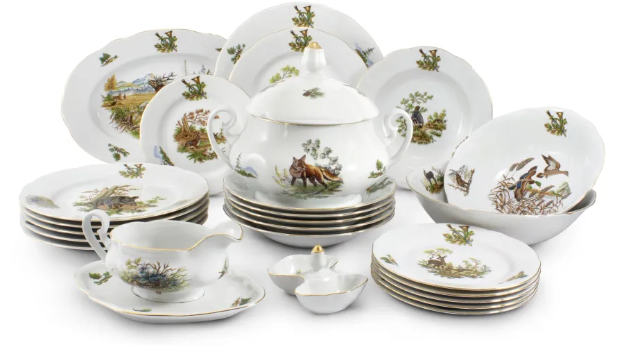 obrazek 1 Stylowa 25-częściowa zastawa obiadowa z porcelany zdobiona motywami myśliwskimi – Leander