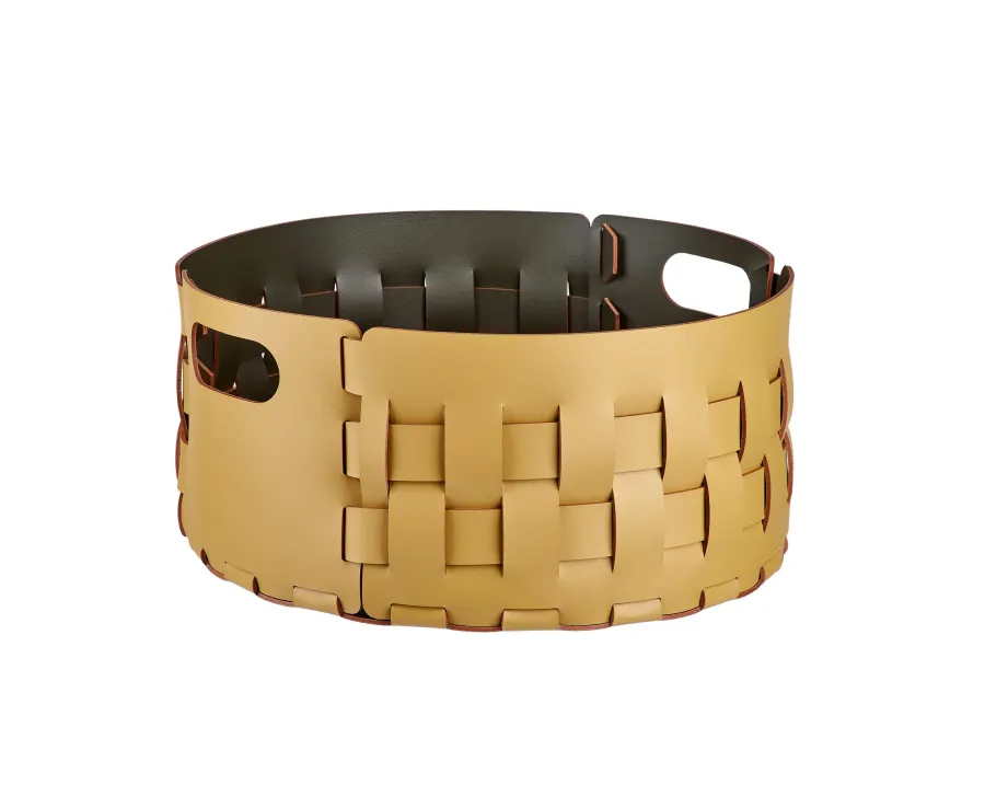 obrazek 1 Elegancki skórzany kosz Bottega Ø40xH20 cm w kolorze musztardowym