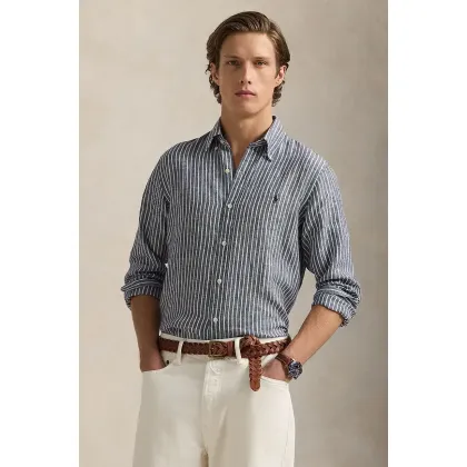 Zdjęcie Polo Ralph Lauren koszula lniana kolor granatowy regular z kołnierzykiem klasycznym 710961264