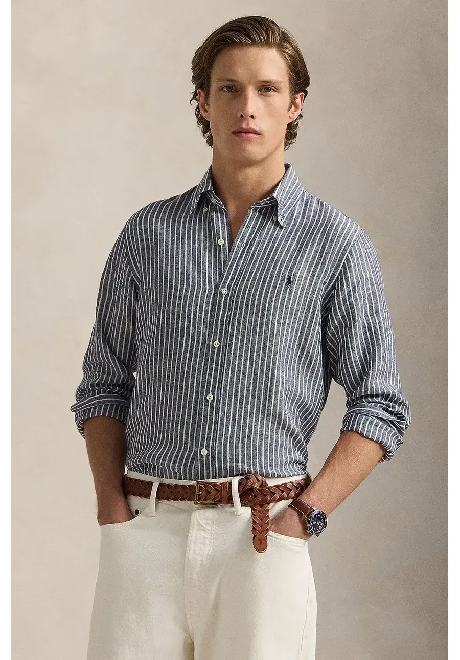 obrazek 1 Polo Ralph Lauren koszula lniana kolor granatowy regular z kołnierzykiem klasycznym 710961264