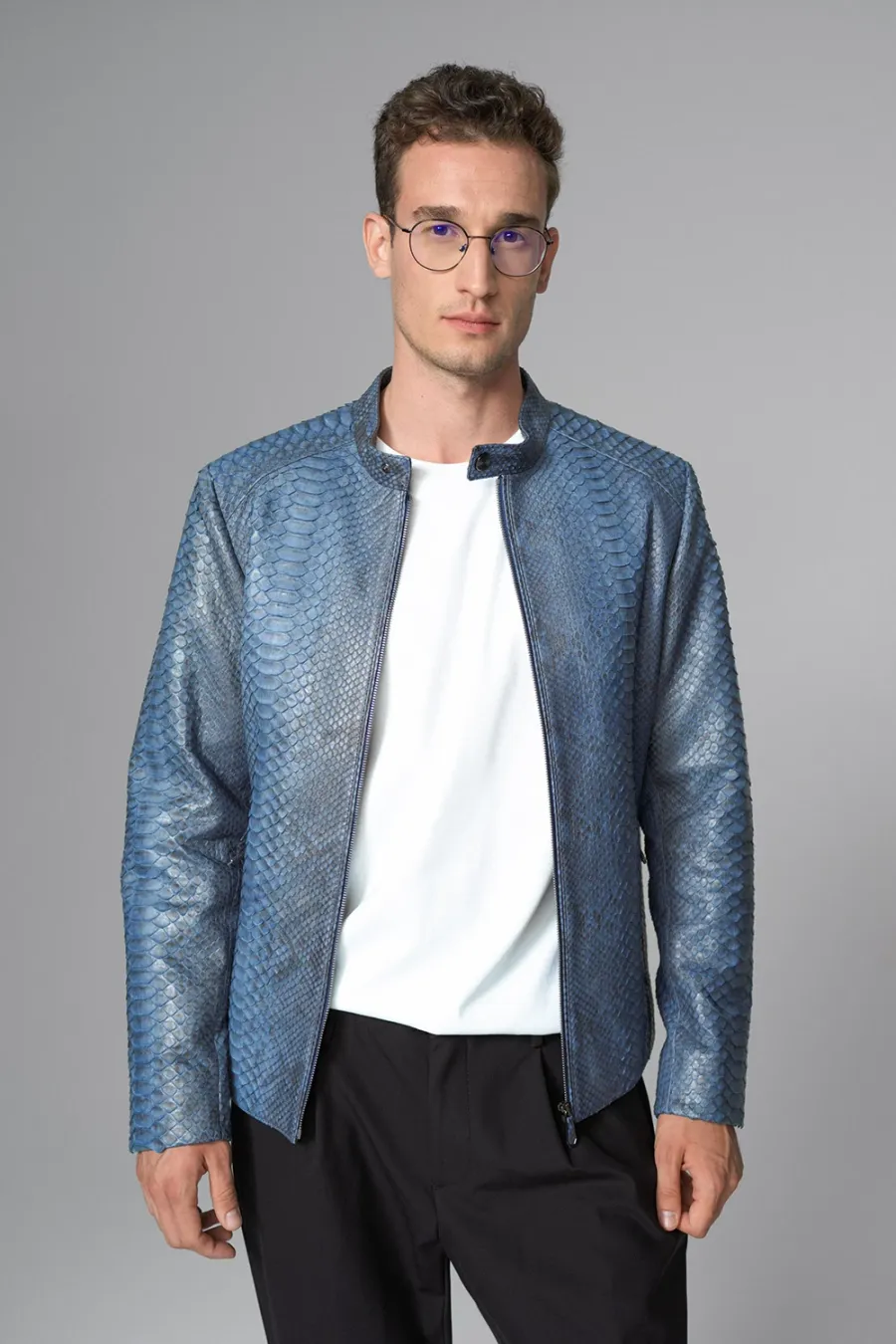 obrazek 3 Fantastyczna niebieska kurtka męska ze skóry węża