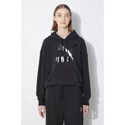 Zdjęcie Puma bluza CLASSICS Shiny Logo Hoodie damska kolor czarny z kapturem z nadrukiem 625595