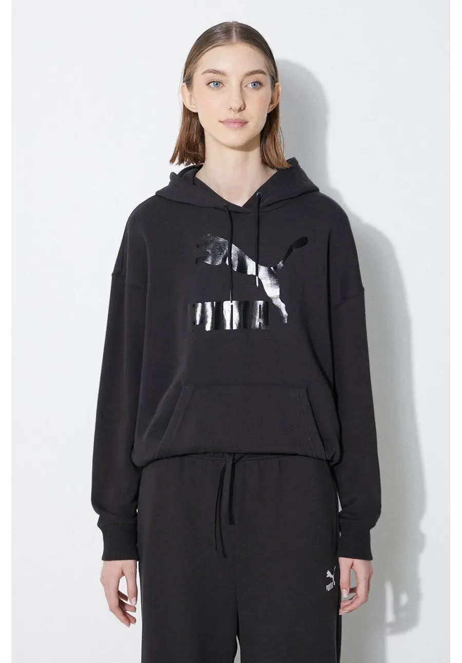 obrazek 1 Puma bluza CLASSICS Shiny Logo Hoodie damska kolor czarny z kapturem z nadrukiem 625595