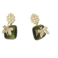 Picture 18K gold-plated silver earrings White zircons Green cat's eye