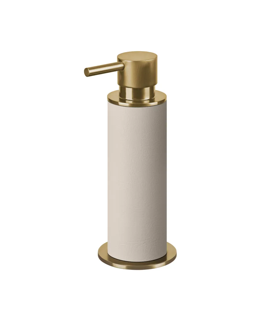 obrazek 1 Złocony dozownik Ø7xH19 cm ze skórzanym wykończeniem w kolorze waniliowym