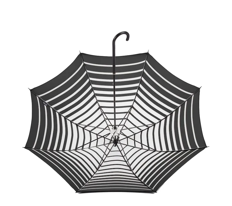 obrazek 3 Stylowy parasol damski w czarne poziome paski ze skórzaną czarną rączką – Pasotti