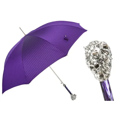 Picture Stylish purple men's umbrella with a handle in the shape of a silver lion's head - Pasotti