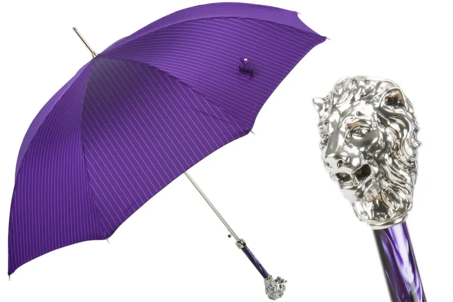 obrazek 1 Stylowy fioletowy parasol męski z rączką w kształcie srebrnej głowy lwa – Pasotti