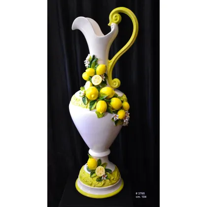 Picture A ceramic amphora with a handle is decorated with lemons
