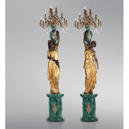 Zdjęcie Stylowe duże stojące rzeźby dziewcząt z malachitem z oświetleniem 2 sztuki - Fonderia Artistica Ruocco