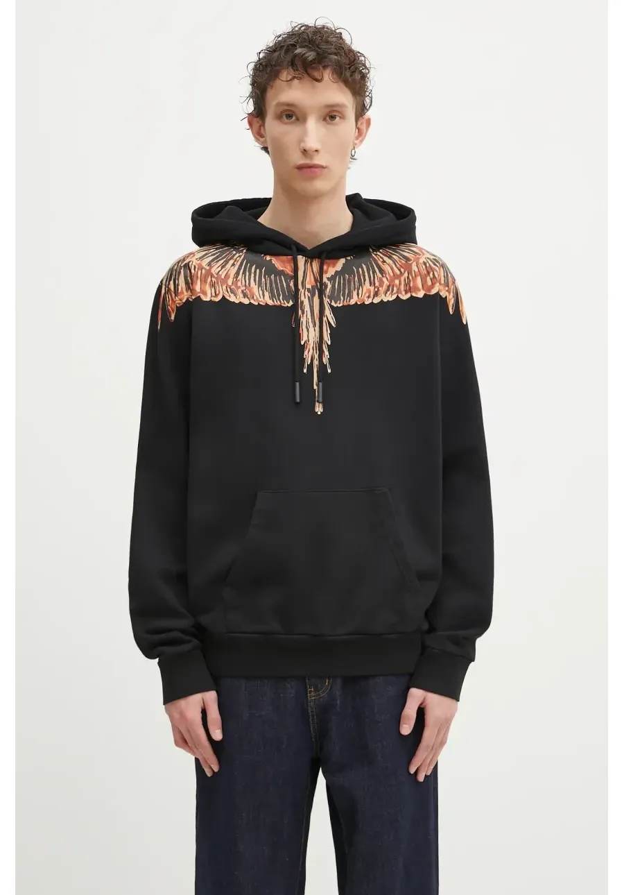 obrazek 1 Marcelo Burlon bluza bawełniana Icon Wings Regular Hoodie Black Orange męska kolor czarny z kapturem z nadrukiem CMBB007S25FLE0011020