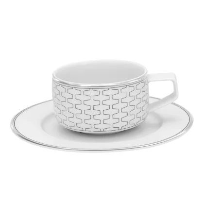Picture Large porcelain coffee cup and saucer from Trasso porcelain with geometric ornament and platinum rim - Vista Alegre