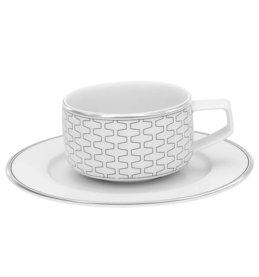 obrazek 1 Porcelanowa duża filiżanka do kawy ze spodkiem z porcelany Trasso z geometrycznym ornamentem i platynowym obrzeżem - Vista Alegre