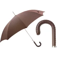 Zdjęcie Klasyczny brązowy parasol męski ze skórzaną brązową rączką – Pasotti