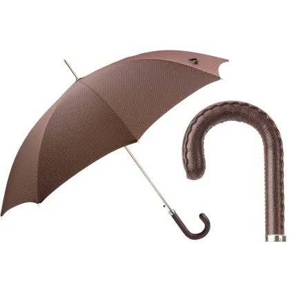 Picture Classic brown men's umbrella with a brown leather handle - Pasotti
