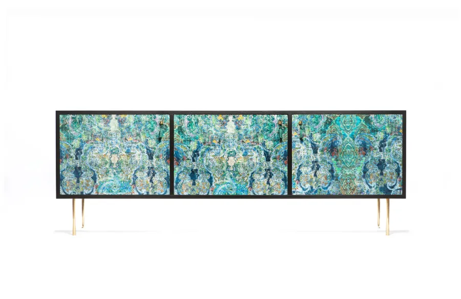 obrazek 6 Nietuzinkowa komoda  wykonana z forniru , mosiądzu i tkaniny najwyższej jakości - Spilla Marocchina