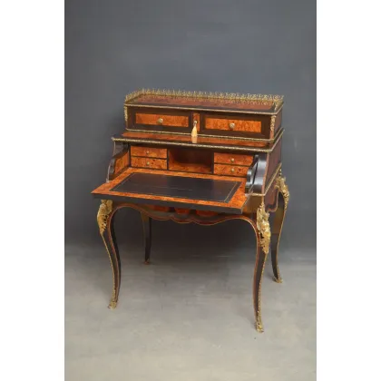 Zdjęcie Wspaniałe francuskie biurko z mosiężną galerią do góry - antyk