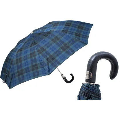 Picture Stylish navy blue checkered men's umbrella with a leather handle - Pasotti