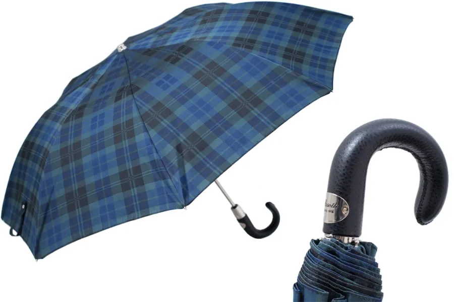 obrazek 1 Stylowy granatowy parasol męski w kratę ze skórzaną rączką – Pasotti