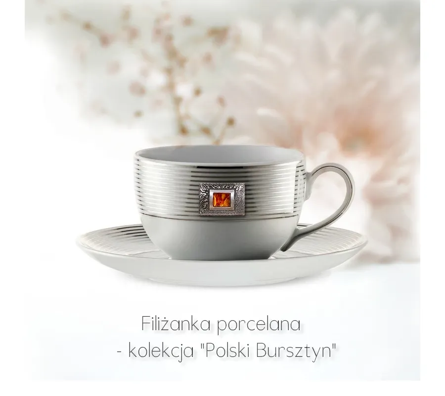 obrazek 1 Porcelanowa filiżanka ze spodkiem zdobiona filigranem z bursztynem.