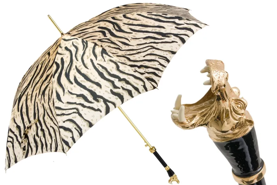 obrazek 1 Piękny stylowy parasol damski zdobiony animalistycznym wzorem z rączką zdobioną głową hipopotama – Pasotti