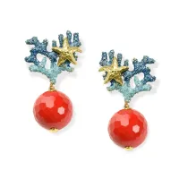 Picture Beautiful 18K Gold Plated Silver Earrings Sandblasted Blue Enamel Coral Paste