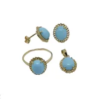 Picture Turquoise set. oval earrings, pendant and ring with perforated edges, dimensions 14x12mm.