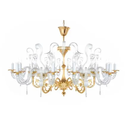 Zdjęcie Wyjątkowy żyrandol z 18 światłami z odlewanego mosiądzu i przezroczystego piaskowanego szkła Murano - Il Paralume Marina