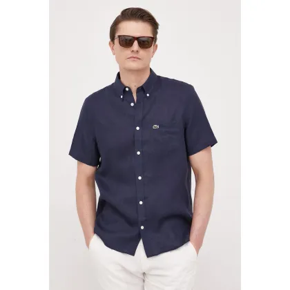Zdjęcie Lacoste koszula lniana kolor granatowy regular z kołnierzykiem button-down