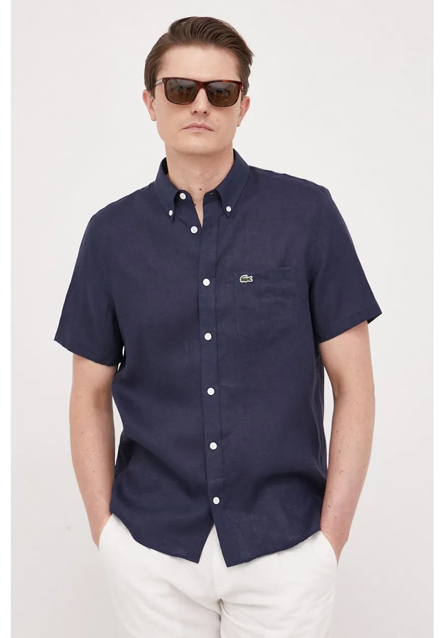 obrazek 1 Lacoste koszula lniana kolor granatowy regular z kołnierzykiem button-down
