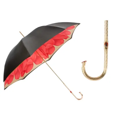 Zdjęcie Elegancki czarny parasol damski zdobiony pięknym motywem kwiatu – Pasotti