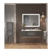Picture Modern Italian bathroom set with a solid wood base and a white Carrara marble top