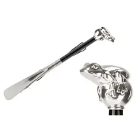 Picture Exclusive black shoe horn with a handle with a frog figurine - Pasotti