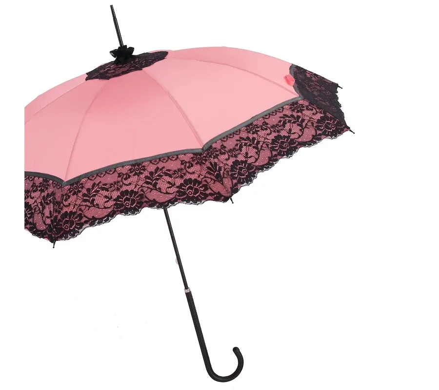 obrazek 8 Stylowy różowy parasol damski zdobiony czarną koronką – Pasotti