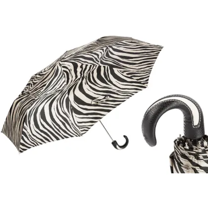 Zdjęcie Oryginalny czarno biały parasol damski zdobiony wzorem zebry z czarną skórzaną rączką – Pasotti
