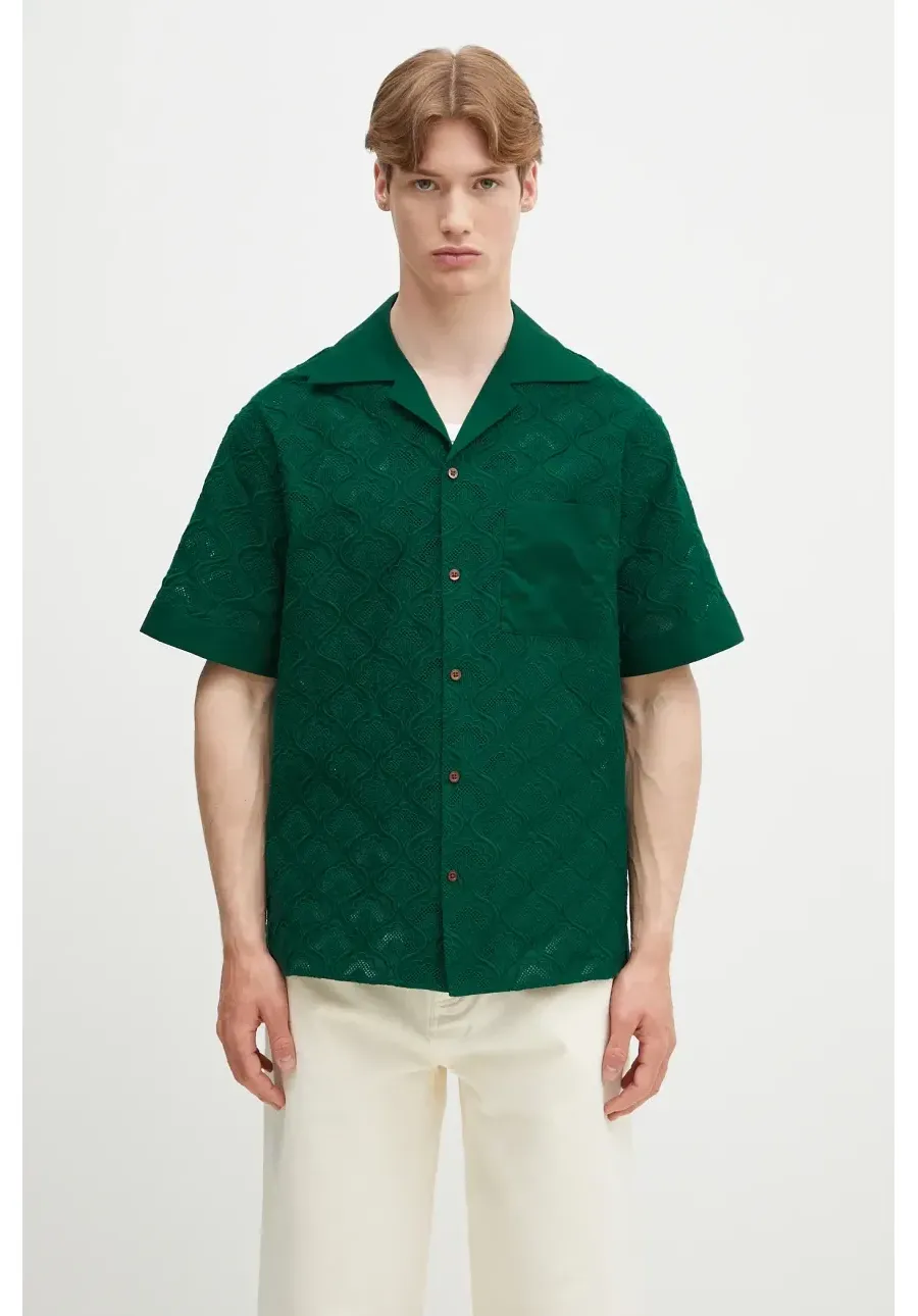obrazek 1 Drôle de Monsieur koszula bawełniana La Chemise Brodee Tapisserie męska kolor zielony regular G-SH213-CO196-DGN