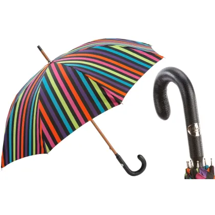 Picture Stylish men's umbrella with multi-colored vertical stripes with a leather handle - Pasotti