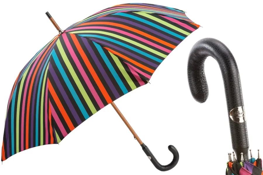obrazek 1 Stylowy parasol męski w wielokolorowe pionowe pasy ze skórzaną rączką – Pasotti